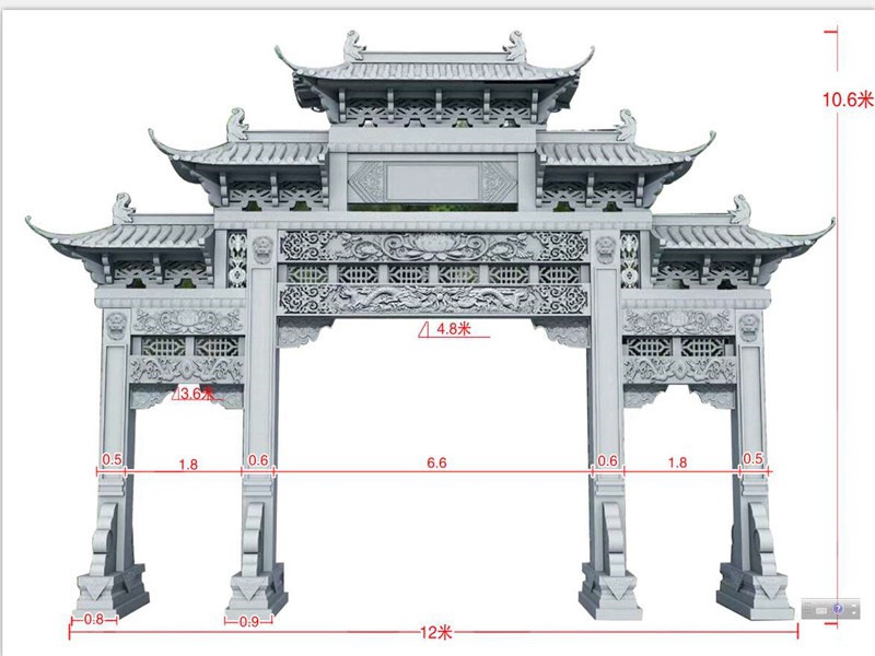 三門五樓青石牌坊尺寸效果圖[編號(hào)451]