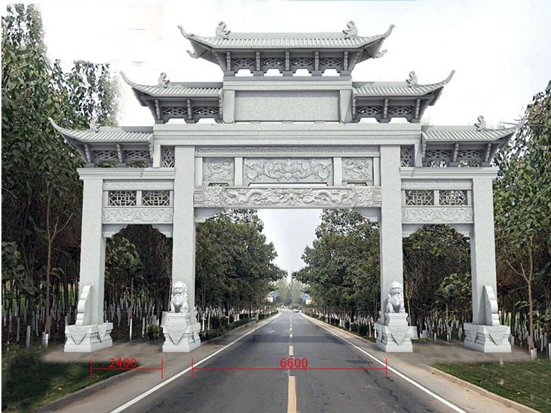 村口三門五樓石牌坊設(shè)計效果圖